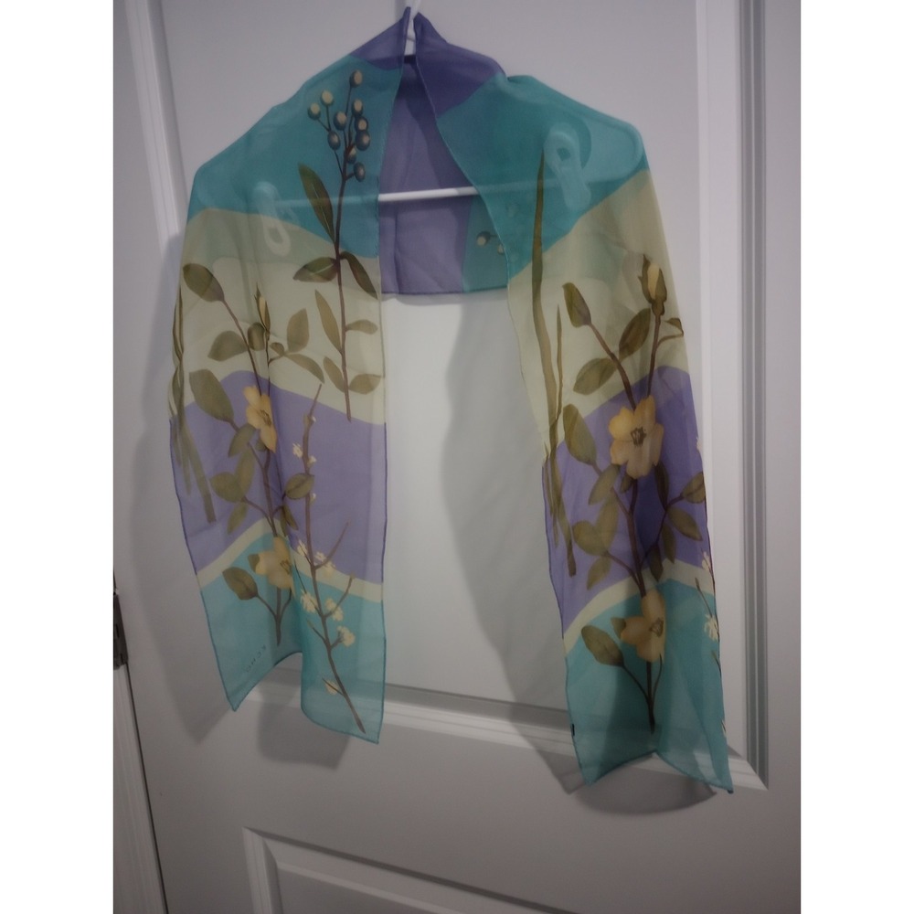 Vintage Echo Floral Sheer Oblong Scarf Teal Lavender Botanical Print Long 11...
